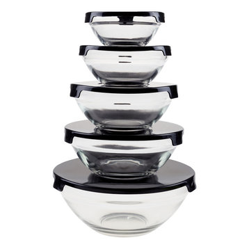 Glass Bowl Set 10 Pieces with Lids by Chef Buddy, Black