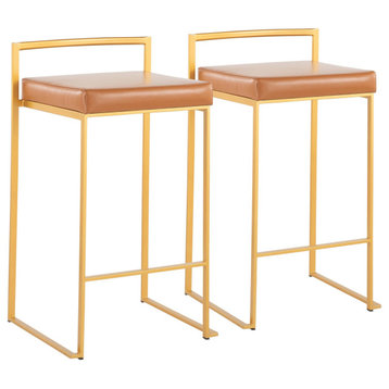 Fuji Stackable Stool, Gold With Camel Faux Leather, Set of 2, Counter Stool