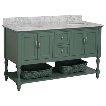 Beverly 60" Bath Vanity, Sage Green, Carrara Marble, Double Vanity