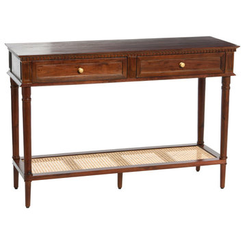 Maxwelton Solid Wood Console Table with 2 Drawers and Woven Cane Storage Shelf