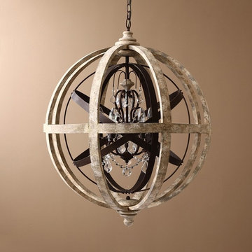 $219.99, Retro Rustic Weathered Wooden Globe Metal Orb Crystal 3-Light Chandelie