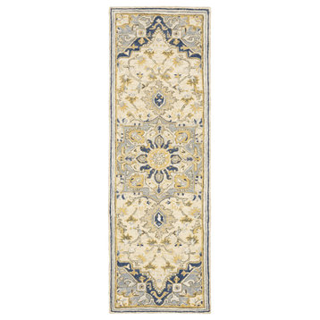3'X8' Blue And Ivory Bohemian Runner Rug