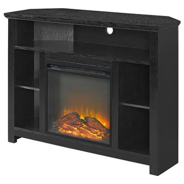 Corner TV Console, Fireplace and Open Shelves With Cable Management Holes, Black