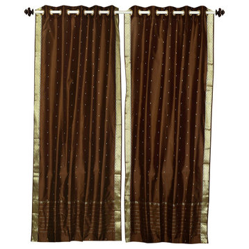 Lined-Brown - Grommet Top Sheer Sari Cafe Curtains - 43W x 24L - Pair