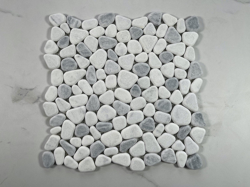 Carrara White Bardiglio Grey Marble Pebble Stone Nonslip Shower Tile, 1 sheet