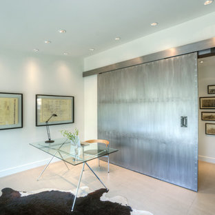 Photo of a modern home studio in Phoenix with white walls, porcelain flooring, no fireplace and a freestanding desk.
