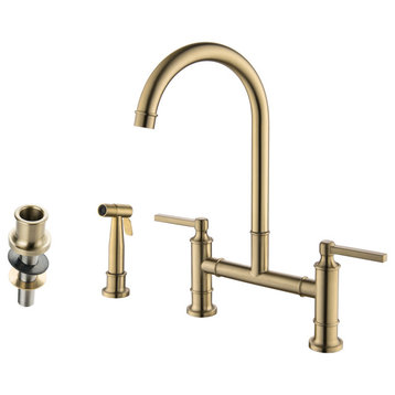 Double Handle High-Arc Bridge Kitchen Faucet With Side Spray, Brushed Gold