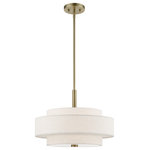 Livex Lighting - Monroe 4 Light Antique Brass Pendant Chandelier - A triple drum shade adds character to this handsomely styled pendant light. Update your decor with the clean styling of this contemporary four light pendant from the Meridian collection. Features a lovely hand crafted oatmeal color fabric hardback shade and satin white acrylic diffuser for subtle illumination.
