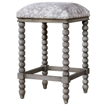Luxe Rustic Faux Cow Hide Spindle Leg Bar Counter Stool Gray White Plush Seat