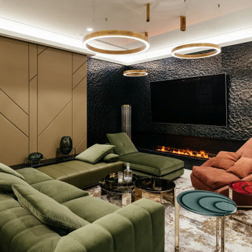 2025-2026 Luxury Apartment Decor: Black Glass Fireplace & TV Accent Wall for Con