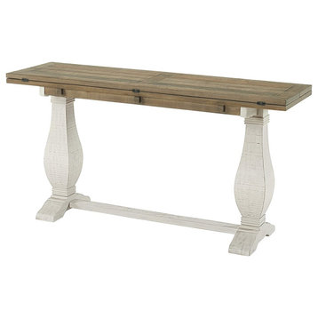 Farmhouse Console Table, Baluster Legs and Flip Top, White Stain/Reclaimed Natur