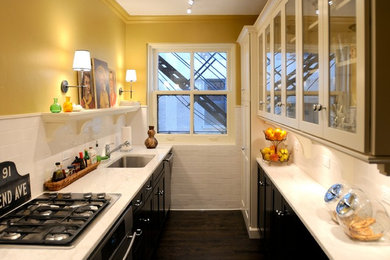 Example of a small classic galley dark wood floor enclosed kitchen design in Chicago with an undermount sink, glass-front cabinets, marble countertops, white backsplash, ceramic backsplash, stainless steel appliances and no island