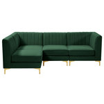 Meridian Furniture - Alina Velvet Modular L-Shaped Modular Sectional, Green, 4-Piece: 2 Armless Chair, 2 Corner Chair - Bring modern beauty to your space with the addition of this Alina Velvet Modular sectional. This beautiful sectional features deep channel tufting to ramp up its visual interest and add to its resilient demeanor. Its soft green velvet upholstery blends nicely with existing elements in your room and is sleek to the touch, making this seat a super comfortable one. Part of the modular Alina collection, this sectional has a latch that attaches it to other pieces to create your custom seating arrangement.