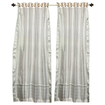 Lined-White with Silver trim Ring Top Sheer Sari Cafe Curtain Drape-Piece