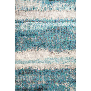 Contemporary POP Modern Abstract Vintage Area Rug, Cream and Turquoise, 4x6