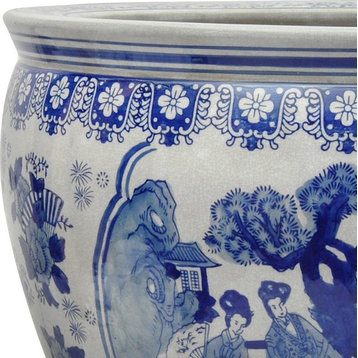 12" Ladies Blue and White Porcelain Fishbowl