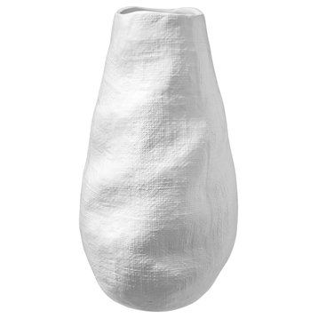 Round Bellied Ceramic Vase with Layered Design Body Matte White Finish, Large