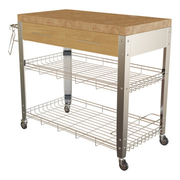 Wooden kitchen cart with storage shelves and drawers