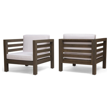 Louise Outdoor Acacia Wood Club Chairs With Cushions, Set of 2, White