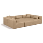 Meridian Furniture - Cube Upholstered Modular Sectional, Tan, 6-Piece: 3 Armless Chair, 2 Corner Chair, 1 Ottoman, Vegan Leather - Elevate your space with the luxurious Cube Vegan Leather Modular Sectional. This modular sectional exudes modern elegance, charm, and comfort making it a perfect addition to any contemporary living space. Its clean lines and cube shape are reminiscent of minimalist design, while the plush tan vegan leather upholstery adds a touch of luxury and sophistication. The chair's versatile construction and geometric aesthetic seamlessly integrate into various design styles, from sleek living rooms to chic home offices, embodying the essence of modern design and creating a sense of order and tranquility in your space.