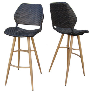 GDF Studio Amaya Outdoor Multi-brown Wicker Barstools With Wood Finish Metal Leg