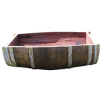 Master Garden Products - Oak wood Split Wine Barrel Planter Gloss Lacquer Finished, 26"W x 35"L x 13"H - We recycle these wonderful barrels into varies uses, whole or split barrels are very popular as decorations and practical uses in bars and restaurants. Our space saving half split wine barrels can be used against the wall, around tight corners, etc. in homes or business with limited space. All our barrels are kept indoors, and the water tight barrels are placed in special high humidity areas and are re-hydrated once a month to keep them in a water tight condition. We offer the barrels in regular full or half split form. Finishes are either original or gloss lacquer finished.Each barrel will look different due to the reclaimed nature of the product. This may include red or pink stain to the wood.