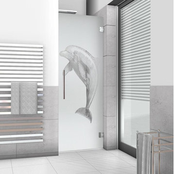 Hinged Alcove Shower Door With Dolphin Design, Semi-Private, 28"x75" Inches, Right