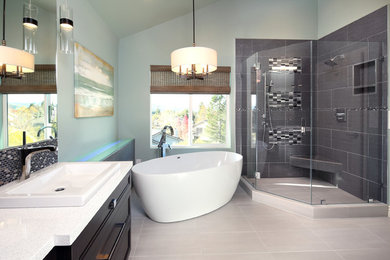 Bathroom - mid-sized contemporary master porcelain tile bathroom idea in San Francisco with shaker cabinets, black cabinets, blue walls and a trough sink