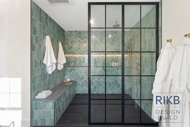 Inspiration for a large modern green tile open shower remodel in Providence