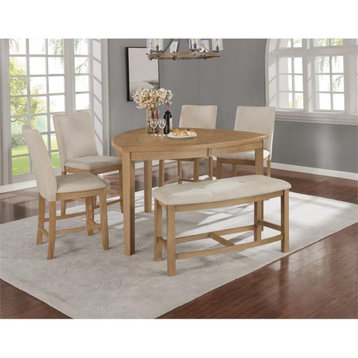 Natural Rustic Wood 6pc Dining Set in Counterheight with Beige Linen Chairs