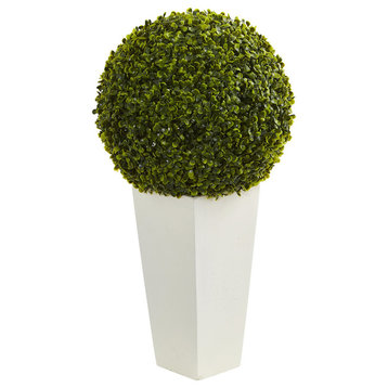 28" Boxwood Topiary Ball Artificial Plant, White Tower Planter