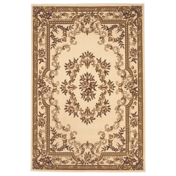 HomeRoots 5'x8' Ivory Machine Woven Hand Carved Floral Medallion Indoor Area Rug