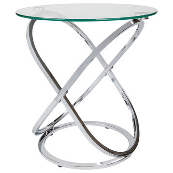 Danya B. Galaxy Glass Top Round End Table With Sleek Metal Base, Chrome/Glass