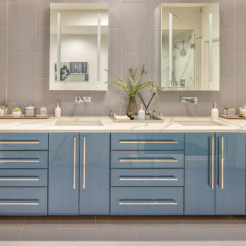 Modern Bath with Blue Floating Vanity