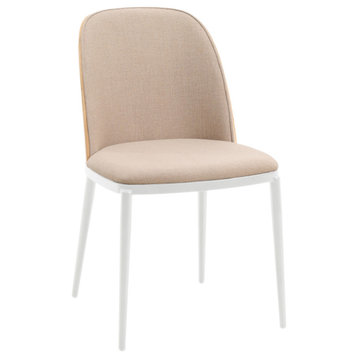 LeisureMod Tule Dining Chair With Upholstered Seat and White Steel Frame, Natural Wood/Brown