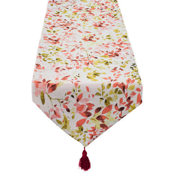 Lovely Floral Woven Tapestry Cotton Table Runner with Tassels, Orange