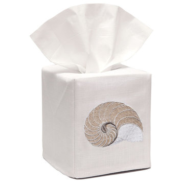 Linen Tissue Box Cover, Striped Nautilus, Beige