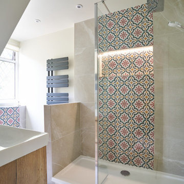 Neautral and Timber Style Bathroom with Striking Pattern Tiles