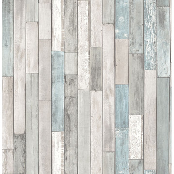 FD23273 Barn Board Thin Plank Wallpaper in Grey Blue Beachy Faux Wood Wall