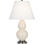 Robert Abbey - Robert Abbey S DBL Gourd DUP Silver AL Double Gourd 23" Vase - Bone - Features Constructed from ceramic Includes a pearl dupioni fabric shade Includes an energy efficient Medium (E26) base LED bulb 3 Way switch Made in America UL rated for dry locations Dimensions Height: 22-3/4" Width: 13" Product Weight: 8 lbs Shade Height: 9-1/2" Shade Top Diameter: 7" Shade Bottom Diameter: 13" Electrical Specifications Max Wattage: 150 watts Number of Bulbs: 1 Max Watts Per Bulb: 150 watts Bulb Base: Medium (E26) Voltage: 110 volts Bulb Included: Yes