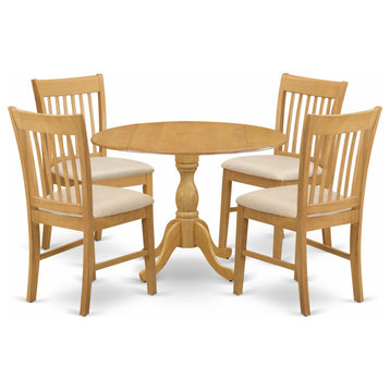 5 Pc Dining Set, Oak Table, 4 Oak Dining Room Chairs, Slatted Back, Oak Finish