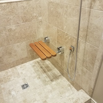Travertine Tiles and Subway Brown Glass