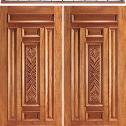 Pre-hung Entry Mahogany Carved 7 Panel Double Door Transom - Front Doors