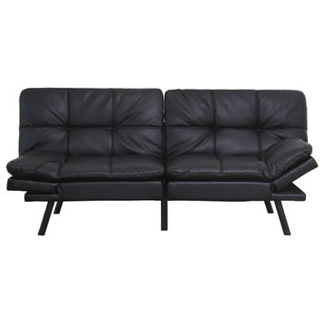 Modern Futon Sofa, Square Grid Tufted Seat & Reclining Arms