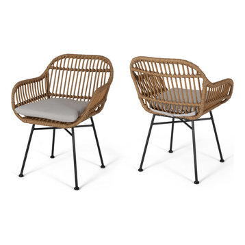 Rodney Indoor Woven Faux Rattan Chairs With Cushions, Set of 2, Light Brown, Bei