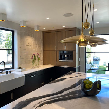 Modern Black and Wood Kitchen with Dramatic Waterfall Island