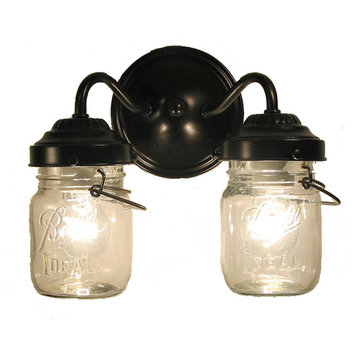 Vintage Clear Canning Jar Double Sconce Light, Stain Nickel