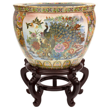 18" Satsuma Garden and Peacock Porcelain Fishbowl