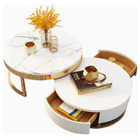 Round Wood Coffee Table With Lift-Top and Rotatable Drawer, Marble/White
