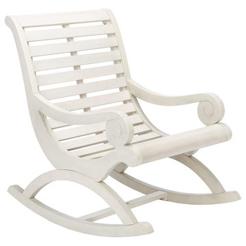 Outdoor Rocking Chair, Eucalyptus Wood, Slatted Back With Scrolled Arms, White